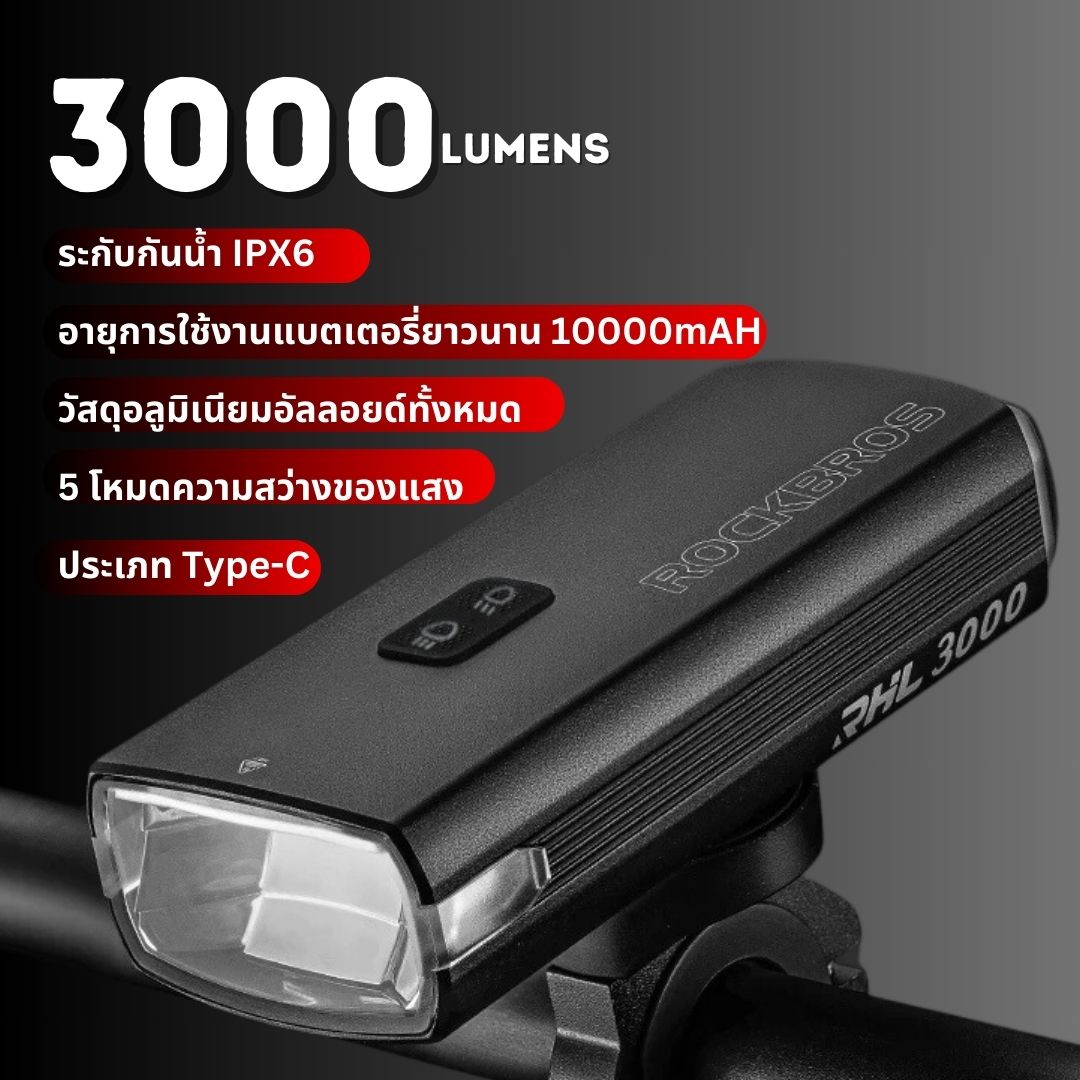 ไฟจักรยาน ROCKBROS 1000LM 1500LM 3000LM ชุดไฟหน้ารถจักรยาน Type-C ชาร์จ LED 4500MAh