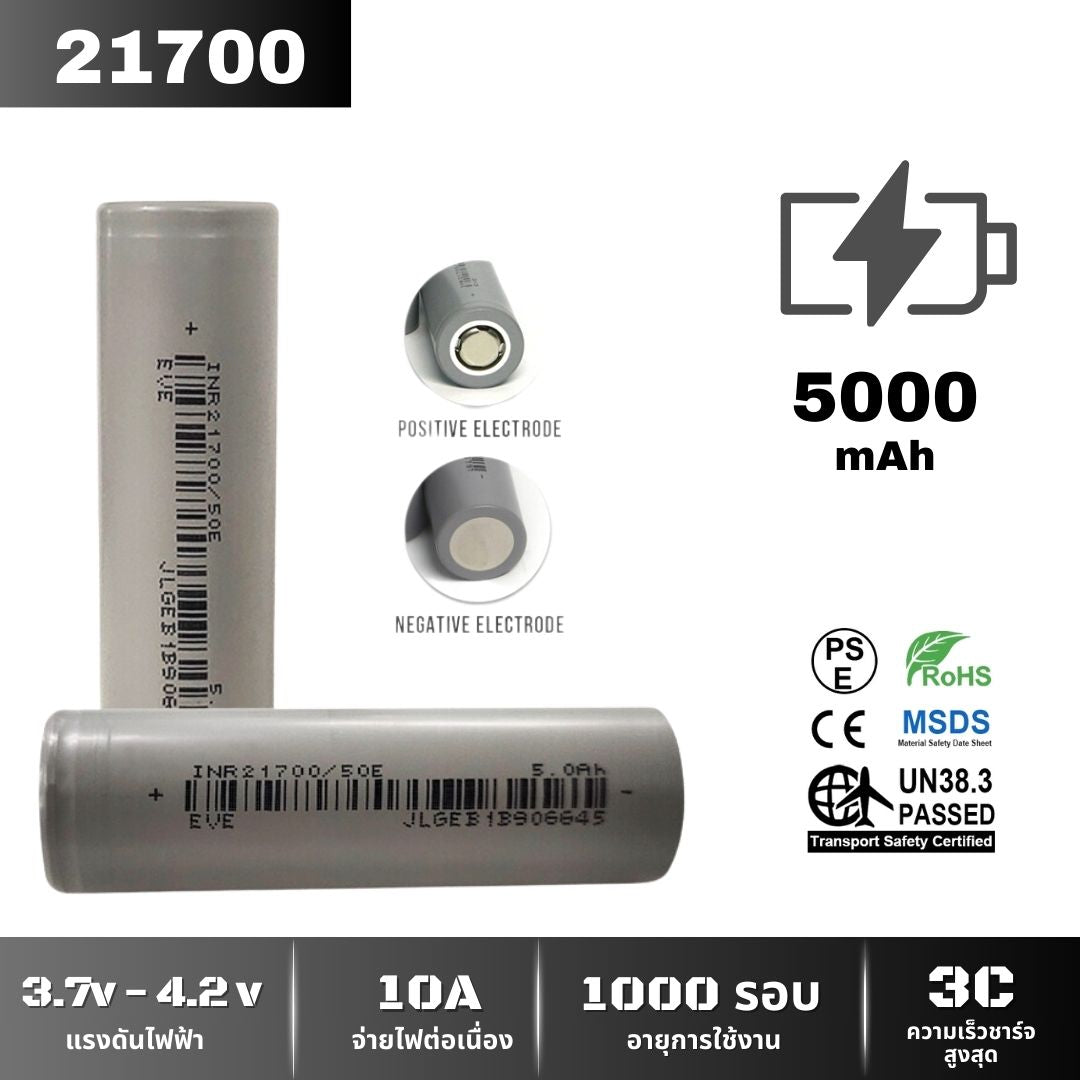 ถ่านชาร์จ 18650 21700 Li-ion 3.7V ลิเธียม แบต 2550mAh 2600mAh 3000mAh 3200mAh 3400mAh 3500mAh 4000mAh 5000mAh