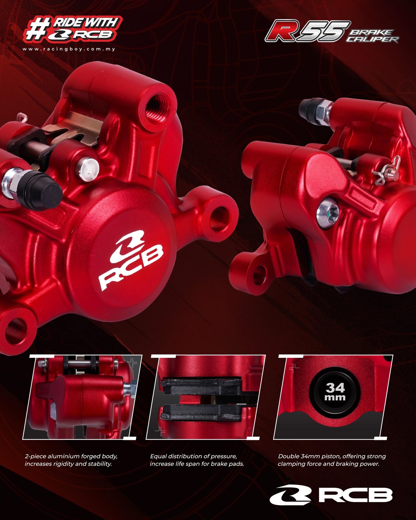 RCB ปั๊มเบรค R55 Series 2 พอต ผีเสื้อ ปักข้าง 34mm. Racing Boy แท้100%