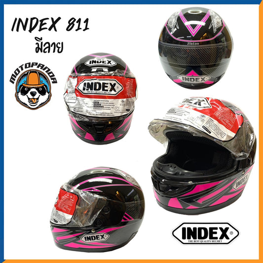 หมวกกันน็อคเต็มใบ INDEX รุ่น 811 สีดำ-ชมพู ฟรีไซส์ หมวกกันน็อค สำหรับผู้ใหญ่ อินเด็กซ์ ของแท้ 100% สินค้าคุณภาพดี