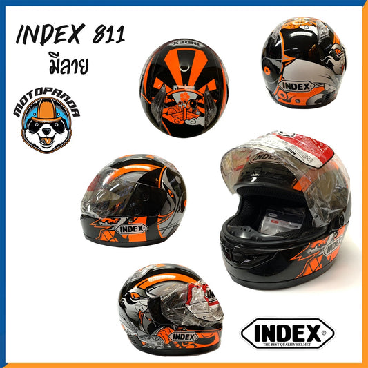 หมวกกันน็อคเต็มใบ INDEX รุ่น 811 สีดำ-ส้ม ฟรีไซส์ หมวกกันน็อค สำหรับผู้ใหญ่ อินเด็กซ์ ของแท้ 100% สินค้าคุณภาพดี